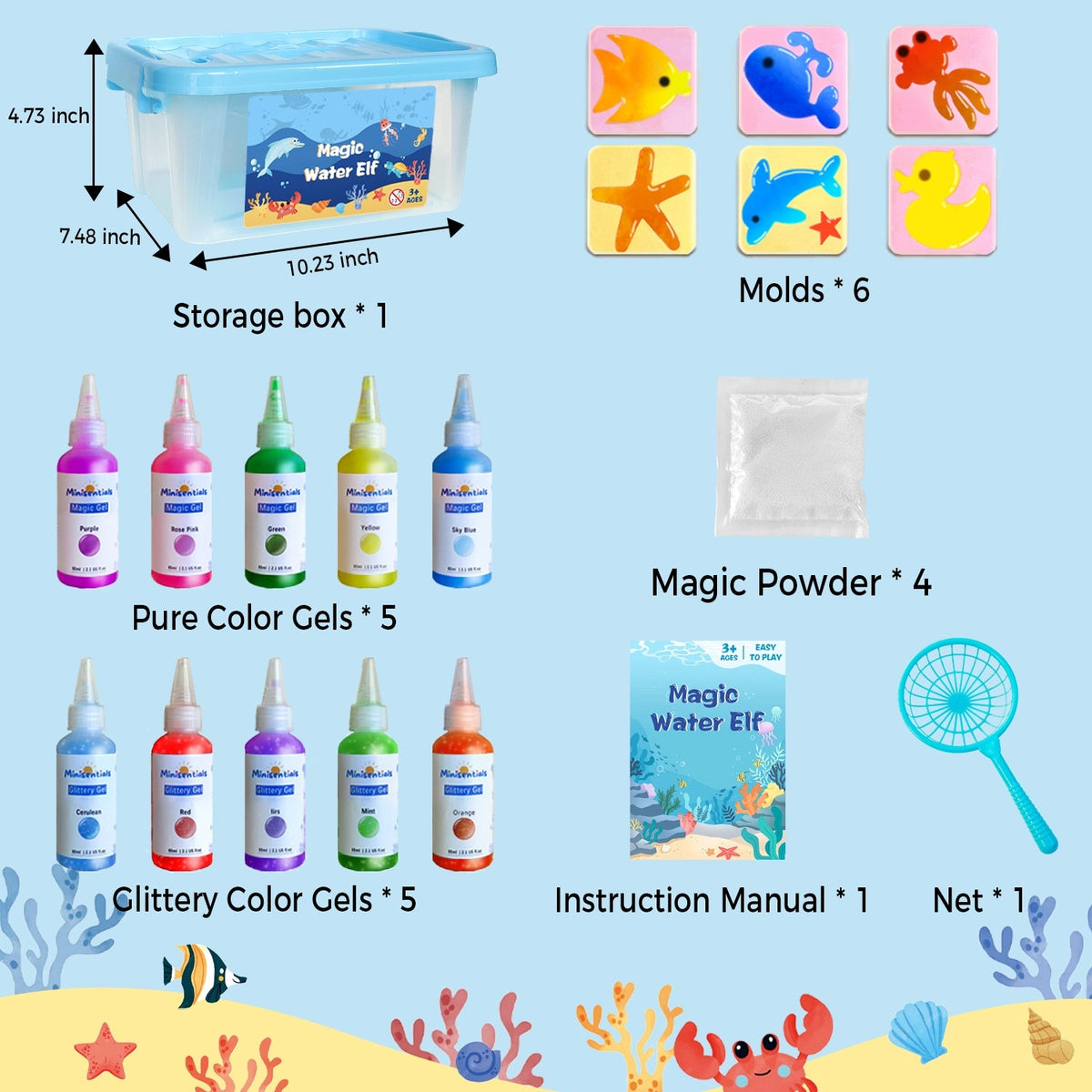 Aqua Fairy Water Gel Kit - Magic Water Elf Toy Handmade Water Animal Set - 10 Colors Magic Gel Aqua Art 6 Molds Squishy Maker - Party Favor Birthday Christmas DIY STEM Gifts for 3-8 Year Old Kids