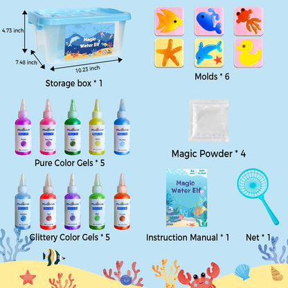 Aqua Fairy Water Gel Kit - Magic Water Elf Toy Handmade Water Animal Set - 10 Colors Magic Gel Aqua Art 6 Molds Squishy Maker - Party Favor Birthday Christmas DIY STEM Gifts for 3-8 Year Old Kids